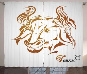 Штора в деревенском стиле с изображением знака зодиака Телец от ABAKUHAUS, морда быка, штора из тесьмы со сборками, петлями и крючками, 280 x 175 см, цвет: светло-коричневый, светло-серый Abakuhaus