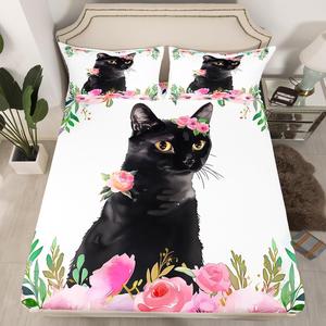 Erosebridal Комплект постельного белья Black Cat с водяными розами и котятами в богемном стиле, Multi 05