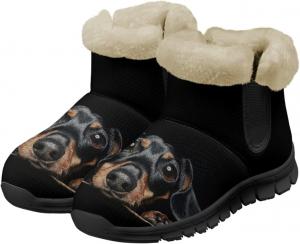 Зимние женские ботинки с теплой пушистой подкладкой, снежные ботинки на ходьбу, слипоны, ботильоны, с принтом собаки Chririnla, Black Cute Dachshund Dog