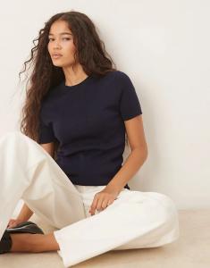 Футболка с короткими рукавами из смеси хлопка и манго, темно-синего цвета