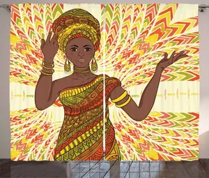 Штора в деревенском стиле Африканская женщина от ABAKUHAUS, Танцующая женщина, для спальни, со сборками, петлями и крючками, 280 x 225 см, цвет: желтый, зеленый, красный Abakuhaus