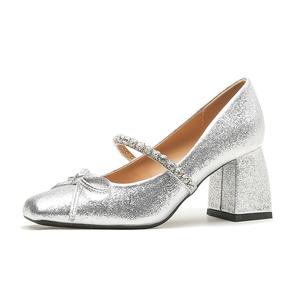 Туфли Мэри Джейн на массивном каблуке 7 см, женские YAFEI XUANYU, Silver