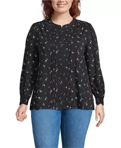 Плюс сайз легкая трикотажная блуза с длинным рукавом и застежкой на пуговицы с защипами спереди Lands' End, черный