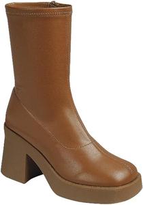 Женские ботинки с квадратным носком, массивным каблуком, платформой, ботильоны и высокие ботинки до середины голени Forever, Tan