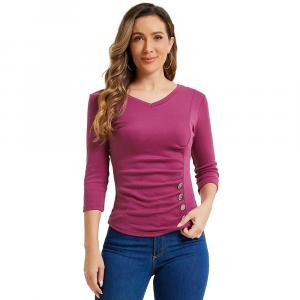 Женская однотонная блузка с V-образным вырезом и рукавами 3/4, вязаный топ с рюшами и пуговицами ALLEGRA K, цвет Grape Purple