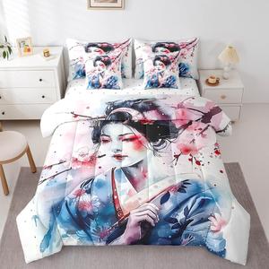 Erosebridal Комплект постельного белья Japan Geishas в японском стиле с рисунком сакуры, розово-голубой тай-дай, Blue Pink