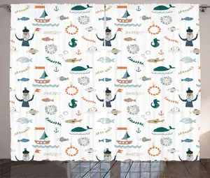 Штора ABAKUHAUS Sailor Rustic, Морской корабль с морскими водорослями, универсальная ленточная штора для гостиной с петлями и крючками, 280 x 225 см, белая и разноцветная Abakuhaus