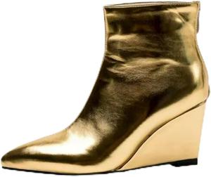 Женские металлические ботильоны с острым носком, высокие на танкетке, с подкладкой из искусственного замша, теплые, с боковой молнией, модные ботинки для вечеринок и ночного клуба ZQW, Golden