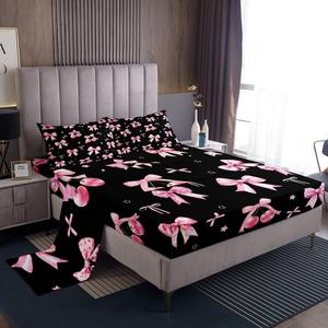 Erosebridal Комплект постельного белья для девочек Pink Cherry Bow с бантами и водяными лентами в розовом цвете, Black Pink