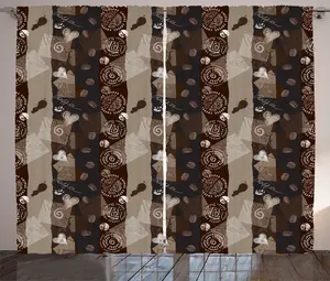Штора ABAKUHAUS Brown Rustic, кофейный узор, сердечки, фасоль, присборенная штора из тесьмы для спальни с петлями и крючками, 280 x 175 см, коричневый цвет Abakuhaus