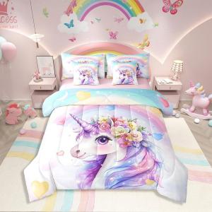Erosebridal Комплект постельного белья Kawaii Rainbow Unicorn с мультяшными единорогами и звездами для девочек, Purple White