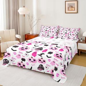 Erosebridal Готический комплект постельного белья Halloween Skeleton с розовыми тыквами, летучими мышами и призраками, Black Pink White