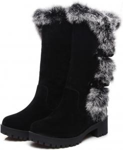 Женские зимние сапоги средней длины на скрытой платформе и слипоне, с толстым воротником из кроличьего меха, теплые, водонепроницаемые, из эластичной кожи, противоскользящие, для снега DEVILEYEZE, Suede Black