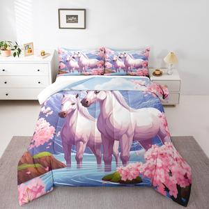 Erosebridal Комплект постельного белья Horse с розовым цветущим вишневым принтом в западном стиле, дышащий материал, Pink White