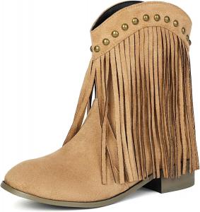 Ковбойские сапоги DINTAHA с кисточками, женские ковбойские сапоги из искусственной замши, низкий каблук, Western, с удобной посадкой, Beige