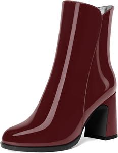 Женские ботильоны с молнией, лаковые, повседневные, круглый носок, устойчивый высокий каблук, высота голенища 3,3 дюйма DEMOSHINE, Burgundy