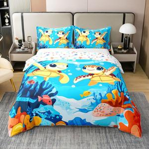 Erosebridal Комплект постельного белья Cute Turtle с принтом черепах и подводного мира из 100% хлопка, Orange Blue