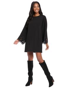 Платье А-силуэта с длинными рукавами, выполненное в технике лазерной перфорации, для невысоких девушек London Times, Black