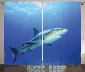 Штора ABAKUHAUS Shark Rustic, экзотическая мечтательная океанская жизнь, присборенная штора для спальни с петлями и крючками, 280 x 245 см, цвет: сине-серый, фиолетово-серый Abakuhaus
