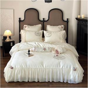 YUSIWOAL Комплект постельного белья свадебный с кружевной вышивкой и 3D цветами из египетского хлопка бежевого цвета Beige