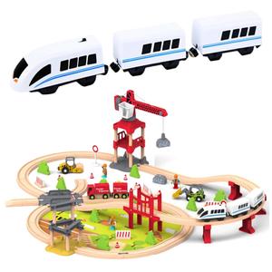 Деревянная железная дорога с мостом, тоннелем и звуком + поезд с вагонами 104Эл. MINEXO