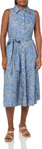 Женское платье-рубашка миди Tommy Hilfiger без рукавов с воротником, пуговицами спереди и завязкой на талии, French Blue Multi
