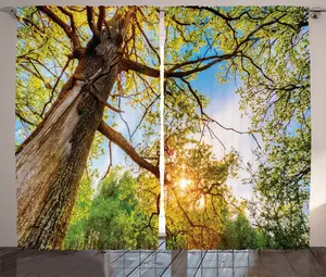 Штора ABAKUHAUS "Деревенский пейзаж", "Живое летнее небо", универсальная ленточная штора для гостиной с петлями и крючками, 280 x 225 см, зелено-коричневый Abakuhaus