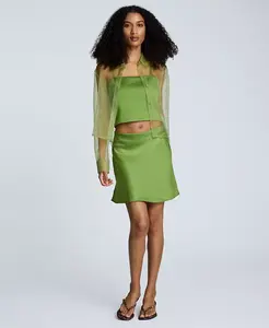 Женская укороченная рубашка из органзы на пуговицах спереди, укороченный атласный топ-бюстье и мини-юбка с косым кроем, застегивающаяся на пуговицы Kenneth Cole, зеленый