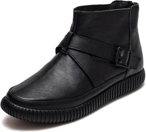 Женские черные ботинки Lossarye из натуральной кожи на плоской подошве с молнией сзади, удобным круглым носком, нескользящей мягкой подошвой и ремешком с пряжкой