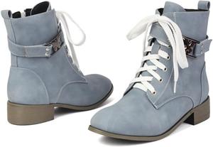 Женские боевые ботинки на шнуровке с низким каблуком и круглым носком, удобные ботильоны BLXQPYT, Grey