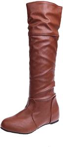 Женские сапоги до колена Oiangi 2022 зимние винтажные с круглым носком, складками, на плоской подошве, без застежки, мотоциклетные, однотонные, ретро, повседневные, удобные наружные женские обувь, Brown