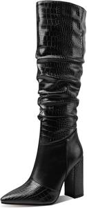 Женские сапоги CYNLLIO до колена с массивным высоким каблуком и заостренным носком, модные сапоги с широкой голенью, средней длины, для вечеринок, платья и езды, 1Black