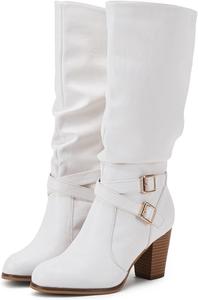 Женские сапоги Ermonn средней длины до колена с массивным каблуком, свободным верхом, металлической пряжкой и боковой молнией, модная зимняя обувь, White