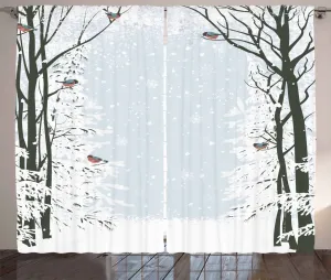 Штора ABAKUHAUS Winter Rustic, деревья, снегири, птицы, присборенная тесьма для спальни с петлями и крючками, 280 x 175 см, черный, бледно-серый, белый Abakuhaus