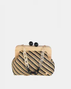 Клатч с деревянной застежкой из диагонально сплетенной черной и натуральной рафии, а также подходящими пластиковыми декоративными ручками Volum, черный