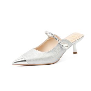 QITUMAUL Женские закрытые тапочки серебристые [высота каблука 5,5 см], цвет Silver[Heel Height 5.5cm]