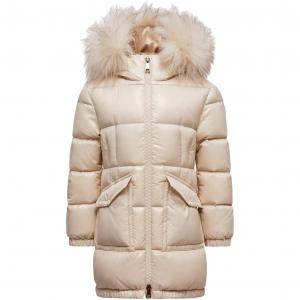 Пуховик с капюшоном и отделкой из овчины детский Moncler, светло-бежевый
