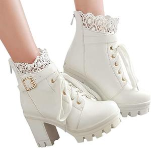 No Brand Женские кружевные кожаные ботильоны на толстой подошве HOTRA, платформенные ботинки в стиле милитари с антискользящей подошвой, шнуровкой и высоким каблуком, короткие сапожки для свадьбы для невесты (Цвет: белый, Размер: 8 US)
