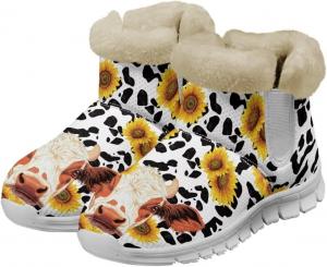 Женские зимние ботинки JoyLamoria Happy Santa Claus с принтом, мини-ботинки для девочек, теплые пушистые прогулочные ботинки, модные низкие кроссовки для улицы, Sunflower Cow