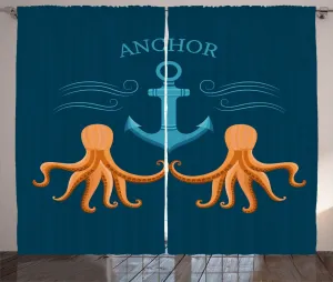 Штора ABAKUHAUS Корабль-осьминог в деревенском стиле с узором Якорь Кракена, универсальная ленточная штора для гостиной с петлями и крючками, 280 x 225 см, темно-синий, оранжевый Abakuhaus