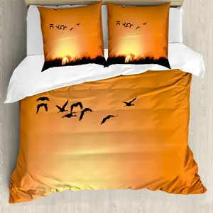 Пододеяльник ABAKUHAUS Birds, цвет "Миграция и закат", оранжевый, с защитой от клещей, подходит для аллергиков, с наволочками, 155 x 220 см - 80 x 80 см, цвет "оранжевый-черный" Abakuhaus