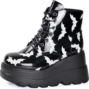 Женские готические ботильоны на платформе с круглым носком, голографические, с толстой подошвой, байкерские боевые ботинки на массивном каблуке с боковой молнией, шнуровкой и танкеткой Generic, Black