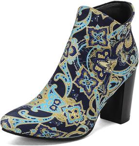 Женские ботильоны Aflngle с цветочным узором, массивным каблуком, носком заостренной формы, боковой молнией, принтом, в стиле боевых или байкерских коротких ботинок, Black