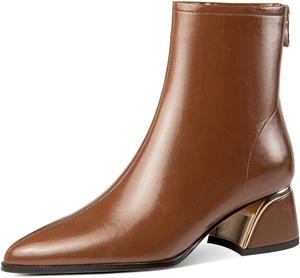 Женские ботильоны TinaCus с острым носком из натуральной кожи, ручной работы, с массивным каблуком и молнией сзади, Brown