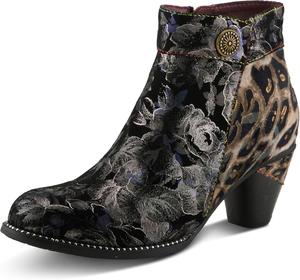 Ботильоны Spring Step L'Artiste Dessalynn на каблуке - замшевые бархатные ботинки с цветочным и животным принтом, с боковой молнией и декоративной пуговицей, каблук средней высоты 5,7 см, Pewter Multi