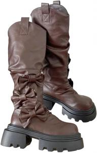 Женские винтажные высокие сапоги с бантом, на высоком каблуке, с увеличением роста, для осени и зимы Generic, Brown