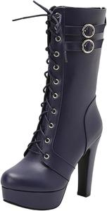 Сексуальные ботильоны на высоком каблуке с платформой для женщин, модные готические ботинки до щиколотки с круглым носком и толстыми каблуками на шнуровке Generic, Dark Blue