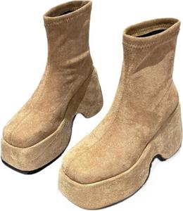 Женские винтажные ботинки с квадратным носком на платформе, 10 см на танкетке, высокие ботильоны до щиколотки, эластичная средняя голень с толстой подошвой для уличного стиля Azttoztto, Khaki