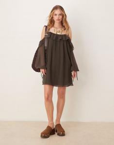ASOS DESIGN мини-платье-халат с открытыми плечами в угольном цвете