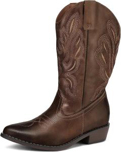 Женские ковбойские сапоги mysoft с широким голенью, средней высоты, с вышивкой, зауженные носки, ретро западного стиля, Dark Brown